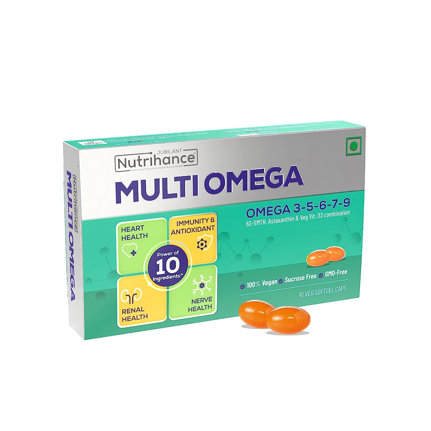 JUBILANT Nutrihance Multiomega 100% Vegan Omega Softgel | Omega 3-5-6-7-9  Vitamin D3  (10 Capsules)