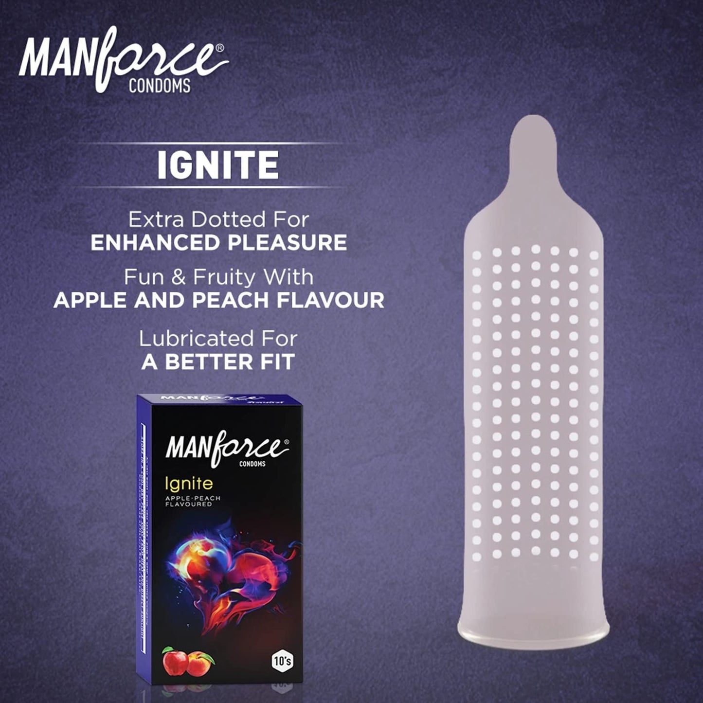 Manforce Ignite Apple-Peach Flavored Extra Dotted Condoms - 10 துண்டுகள்