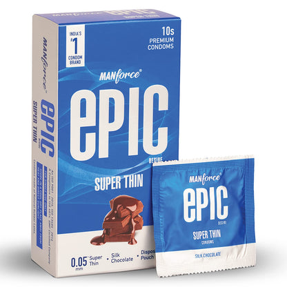 Manforce Epic Desire Super Thin Silk Chocolate Flavoured Premium Condoms with Disposable Pouch- 10 Counts