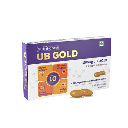 जुबिलेंट न्यूट्रिहांस यूबी गोल्ड कोएंजाइम क्यू10 (CoQ10) 150mg सप्लीमेंट 100% शाकाहारी सॉफ्टजेल | ALA विट B12 D3 (10 कैप्सूल)