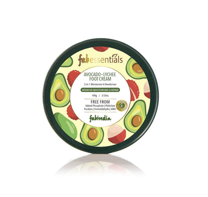 Fabessentials Avacado Lychee Foot Cream | enriched with Shea Butter & Jojoba Oil | 2-in-1 Moisturiser & Deodoriser | for Intensive Foot Moistursing & Repair - 100 gm