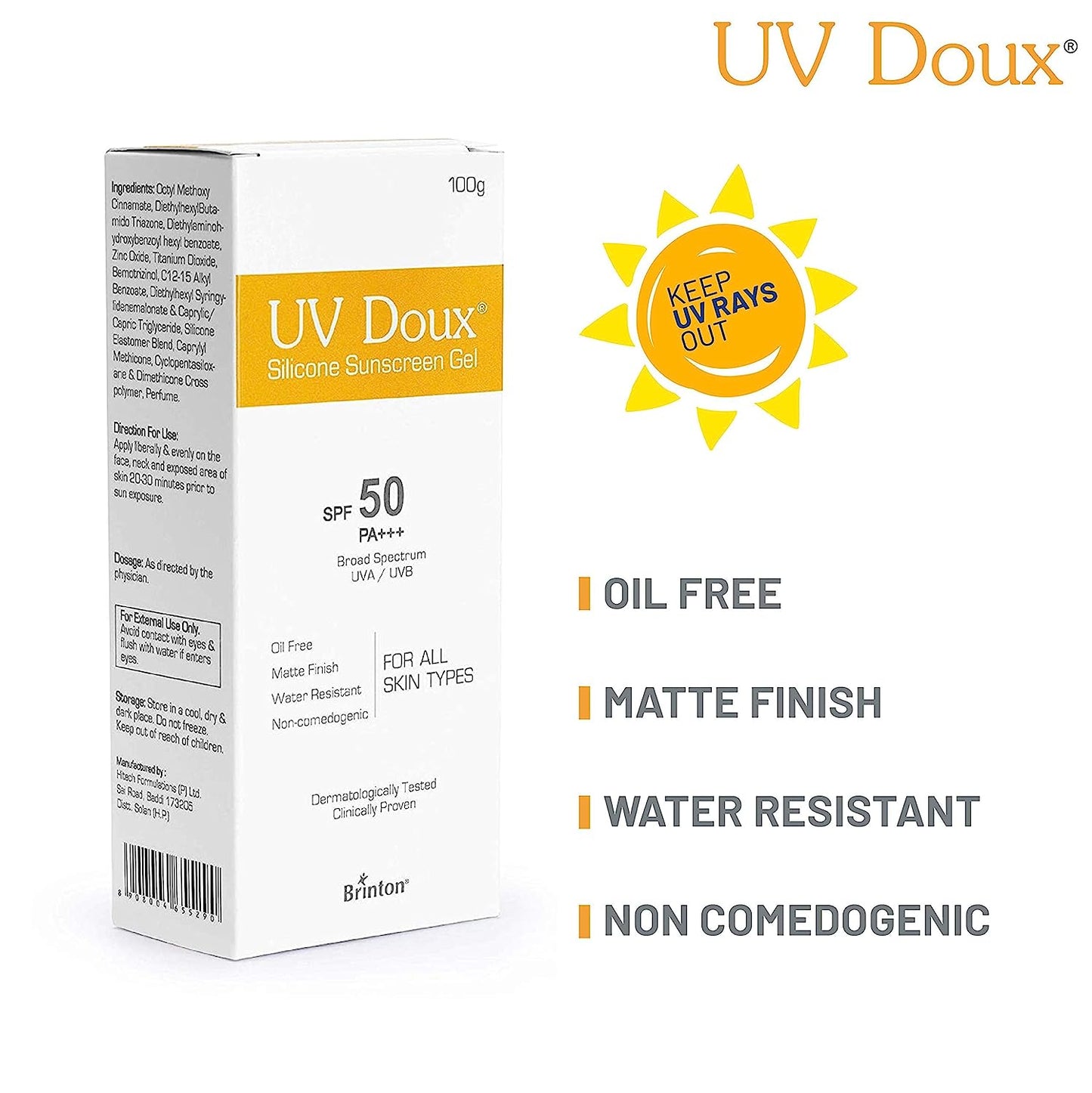 பிரின்டன் ஹெல்த்கேர் UvDoux Face &amp; Body Sunscreen gel with SPF 50 PA+++ in Matte Finish and Oil Free Formula| நீர் எதிர்ப்பு சன்ஸ்கிரீன்| UVA/UVB கதிர்களுக்கு எதிரான பாதுகாப்பு (100 GM)