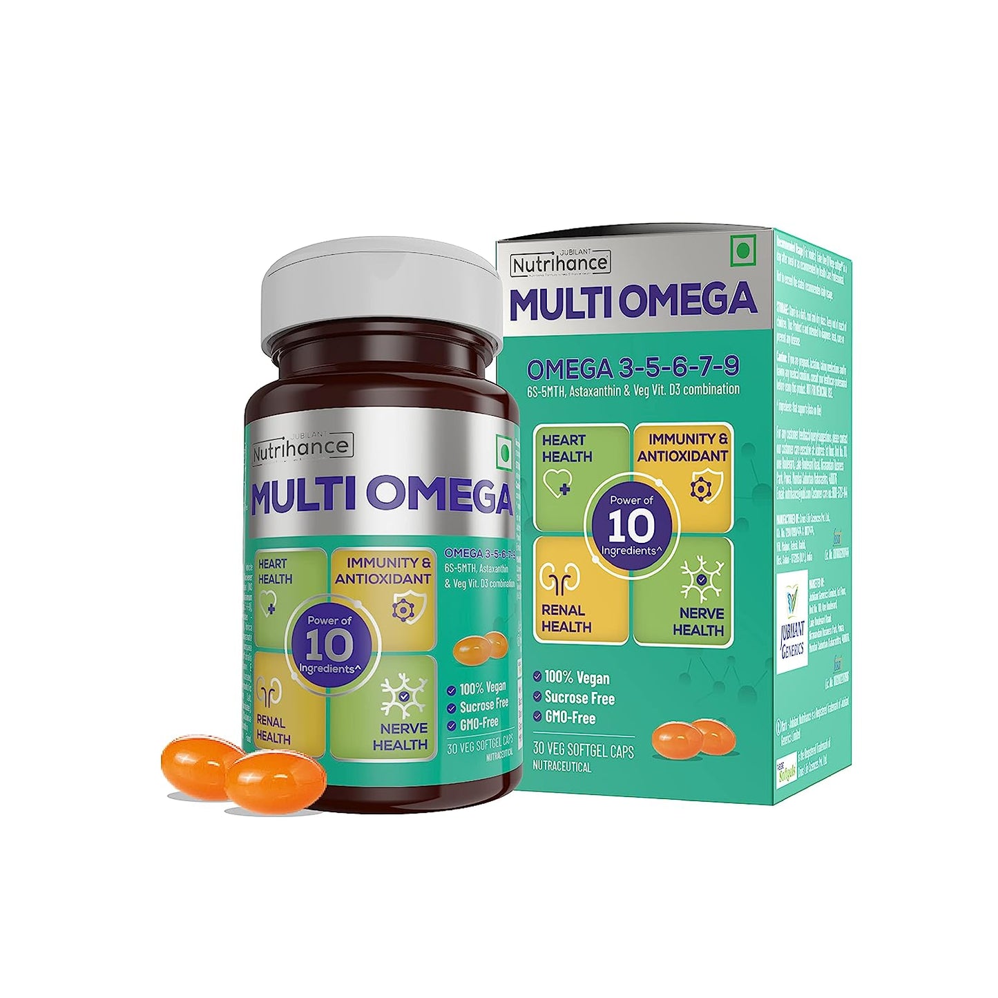 JUBILANT Nutrihance Multiomega 100% Vegan Omega Softgel | Omega 3-5-6-7-9  Vitamin D3  (30 Capsules)