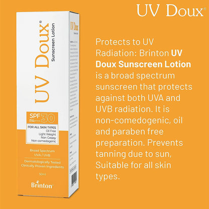 Brinton UvDoux Sunscreen Lotion with SPF 30 in Oil Free Formula| Light Weight & Non Greasy Sunscreen|Protection against UVA/UVB Rays| For All Skin Types- 50 ML