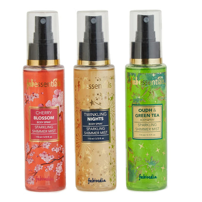 Fabessentials Irresistibly Dewy & Delicate Gift Set - Body Sprays for Every Occasion | Set of 3 Body Sprays - Twinkling Nights Cherry Blossom  & Oudh & Green Tea | Natural & No Artificial Fragrance | Refreshing & Invigorating - 300 ml