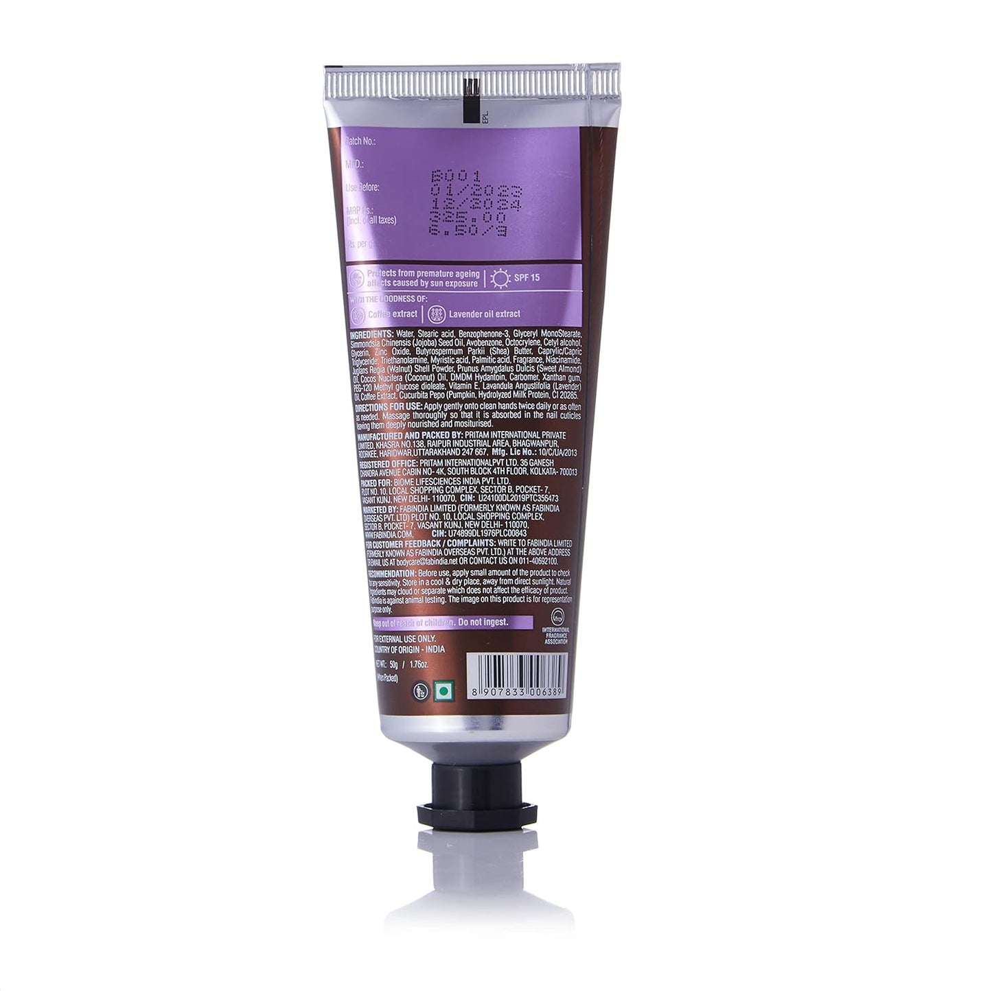 Fabessentials Coffee Lavender Hand Cream - SPF 15 | with the Goodness of Shea Butter | Protects from Premature Ageing Affects Caused by Sun Exposure 50 gm