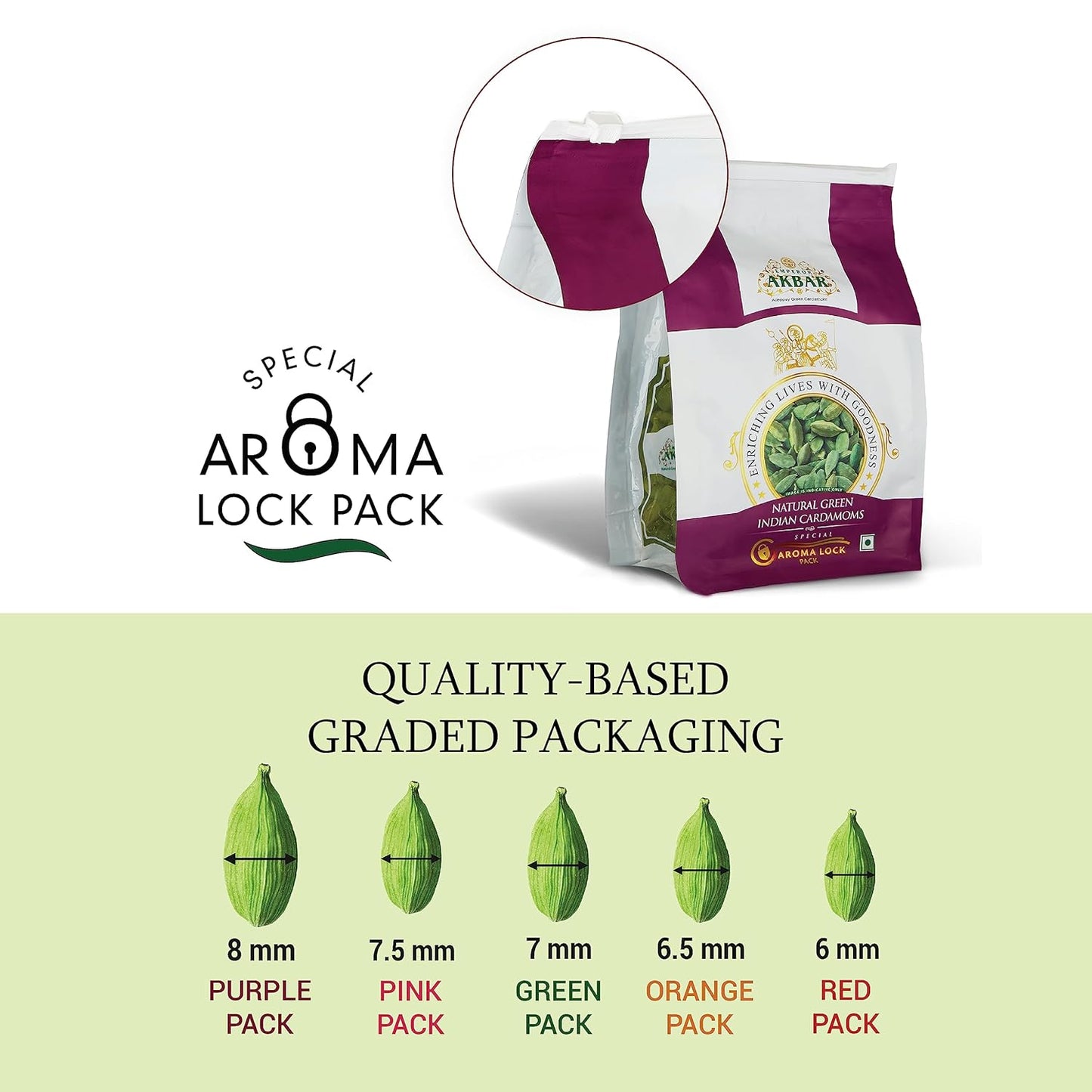 Emperor Akbar Alleppey Green 100g Whole Cardamom (Elaichi) Superior Aroma-lock Pack (Purple Grade - 8mm above)