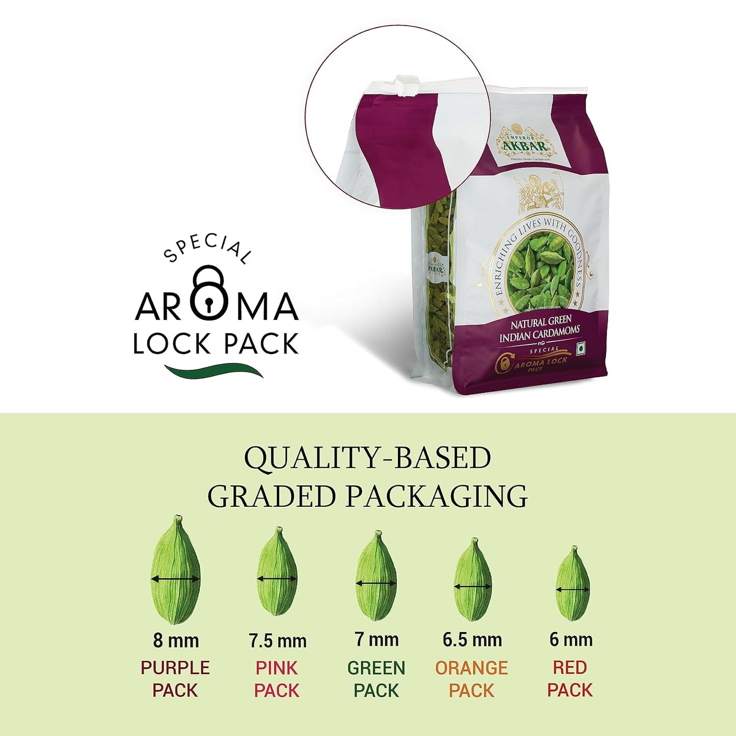 Emperor Akbar Alleppey Green 1kg Whole Cardamom (Elaichi) Superior Aroma-lock Pack (Purple Grade - 8mm above)