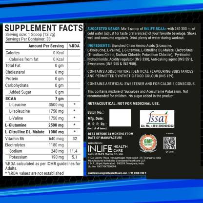 ஆண் பெண்களுக்கான இன்லைஃப் BCAA கிளை சங்கிலி அமினோ அமிலங்கள் BCAA (450 கிராம் ஆரஞ்சு)