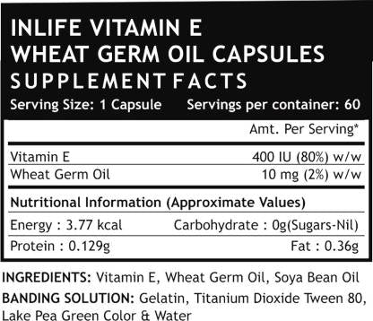 இன்லைஃப் வைட்டமின் ஈ ஆயில் மற்றும் கோதுமை கிருமி எண்ணெய் அத்தியாவசிய சப்ளிமெண்ட் 400 ஐயூ திரவ நிரப்பப்பட்ட காப்ஸ்யூல்கள் (60)