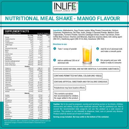 इनलाइफ़ पोषण संबंधी भोजन प्रतिस्थापन शेक वजन घटाने के लिए चीनी रहित (आम 16 सर्विंग्स) प्रोटीन शेक (500 ग्राम आम)
