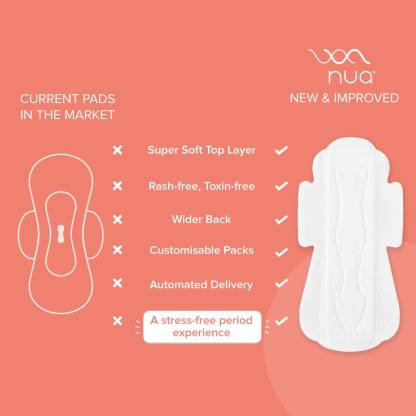 Nua Ultra Thin Rash Free Sanitary Pads - 12 Large Pads with Disposal Cover || Medium Flow || Wider Back Design || Zero Toxins Sanitary Pad  (Pack of 12)